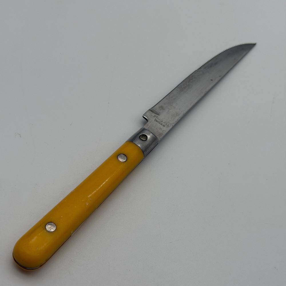 Vintage Yellow‎ Handle Steak Knife Stainless Taiwan Serrated Retro MCM Flatware